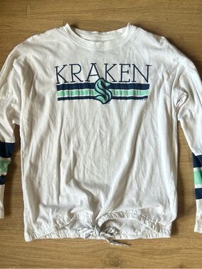 NHL Kraken White Long-Sleeve Tee with Navy & Mint Stripes